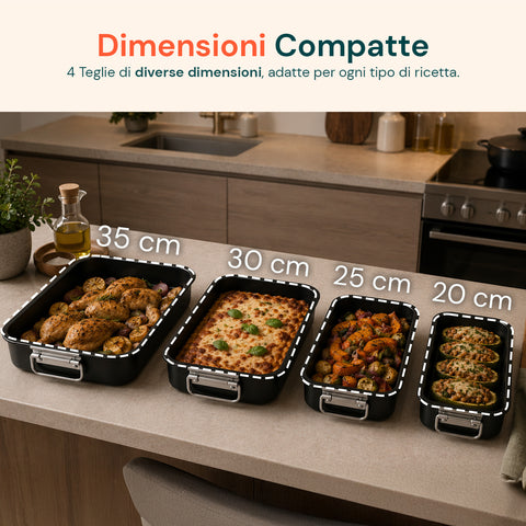 Set 4 Teglie Rettangolari per Forno Vulcano 20-25-30-35cm
