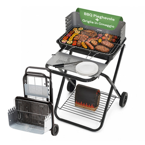Barbecue Pieghevole in Acciaio Smaltato Nero con Ruote 60x80x84cm
