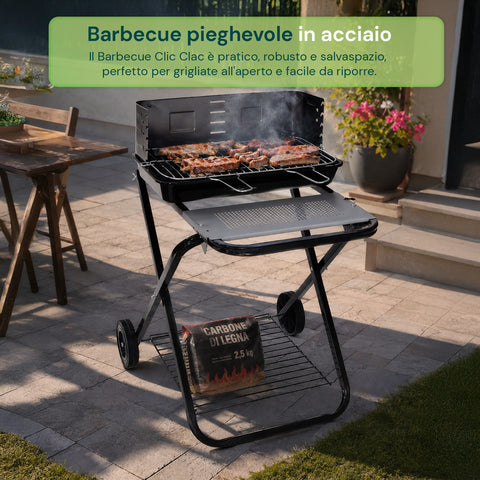 Barbecue Pieghevole in Acciaio Smaltato Nero con Ruote 60x80x84cm