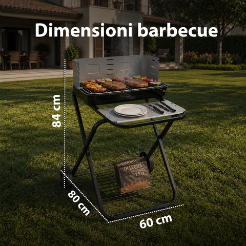 Barbecue Pieghevole in Acciaio Smaltato Nero con Ruote 60x80x84cm