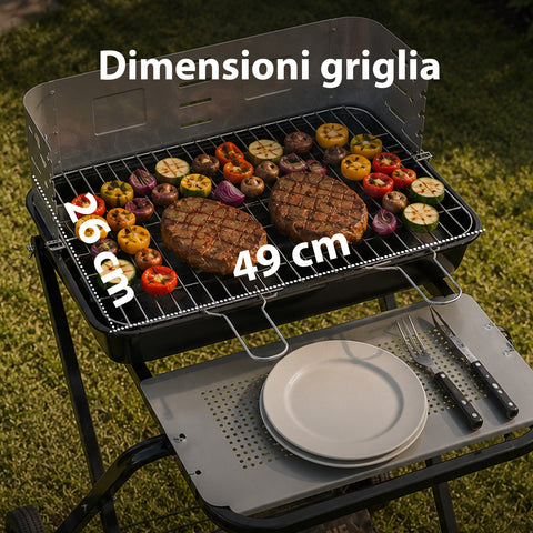 Barbecue Pieghevole in Acciaio Smaltato Nero con Ruote 60x80x84cm