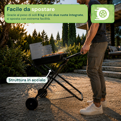 Barbecue Pieghevole in Acciaio Smaltato Nero con Ruote 60x80x84cm
