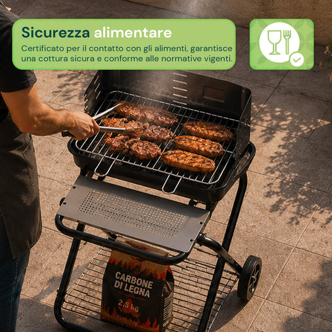 Barbecue Pieghevole in Acciaio Smaltato Nero con Ruote 60x80x84cm