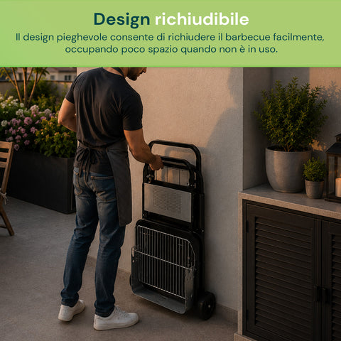 Barbecue Pieghevole in Acciaio Smaltato Nero con Ruote 60x80x84cm