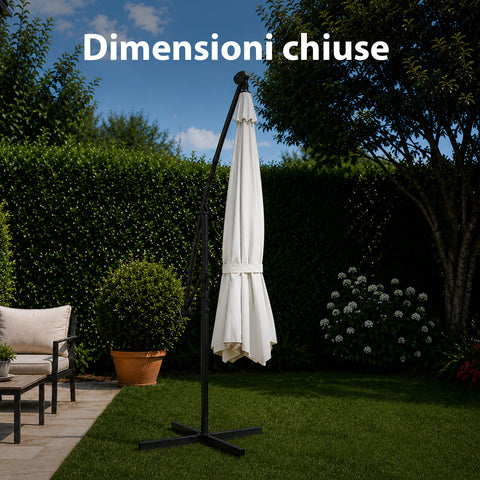Ombrellone Rotondo Ø3m Decentrato Braccio Laterale in Acciaio, Manovella, Poliestere 180gr Impermeabile UV per Giardino e Terrazzo