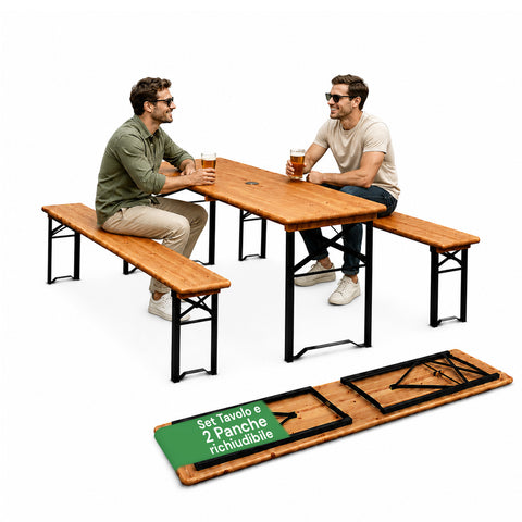 Set Tavolo e 2 Panche Pieghevoli da Giardino 120cm / 180cm in Legno con Struttura in Ferro e Foro Ombrellone 5cm – Portata Tavolo 200kg