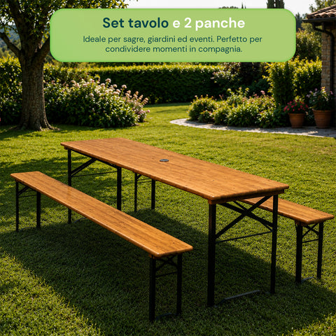 Set Tavolo e 2 Panche Pieghevoli da Giardino 120cm / 180cm in Legno con Struttura in Ferro e Foro Ombrellone 5cm – Portata Tavolo 200kg