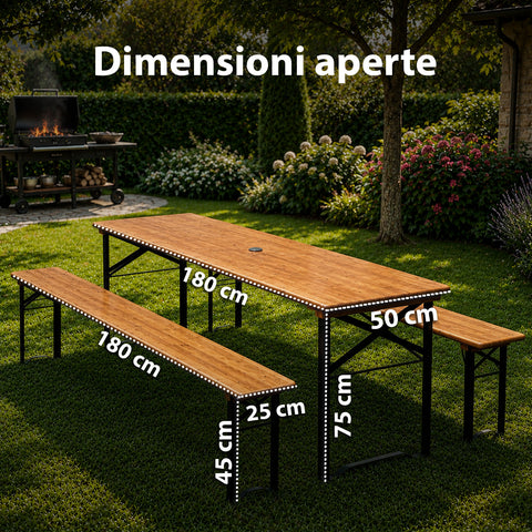 Set Tavolo e 2 Panche Pieghevoli da Giardino 120cm / 180cm in Legno con Struttura in Ferro e Foro Ombrellone 5cm – Portata Tavolo 200kg