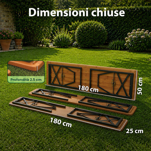 Set Tavolo e 2 Panche Pieghevoli da Giardino 120cm / 180cm in Legno con Struttura in Ferro e Foro Ombrellone 5cm – Portata Tavolo 200kg