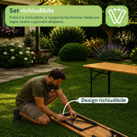 Set Tavolo e 2 Panche Pieghevoli da Giardino 120cm / 180cm in Legno con Struttura in Ferro e Foro Ombrellone 5cm – Portata Tavolo 200kg