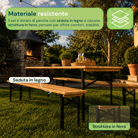 Set Tavolo e 2 Panche Pieghevoli da Giardino 120cm / 180cm in Legno con Struttura in Ferro e Foro Ombrellone 5cm – Portata Tavolo 200kg