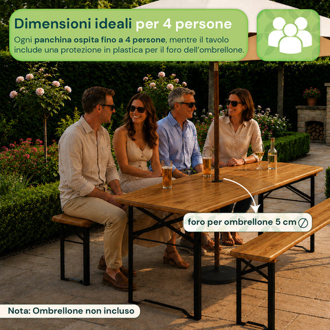 Set Tavolo e 2 Panche Pieghevoli da Giardino 120cm / 180cm in Legno con Struttura in Ferro e Foro Ombrellone 5cm – Portata Tavolo 200kg