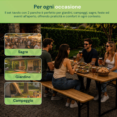 Set Tavolo e 2 Panche Pieghevoli da Giardino 120cm / 180cm in Legno con Struttura in Ferro e Foro Ombrellone 5cm – Portata Tavolo 200kg
