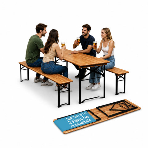 Set Tavolo e 2 Panche Pieghevoli da Giardino 120cm / 180cm in Legno con Struttura in Ferro e Foro Ombrellone 5cm – Portata Tavolo 200kg