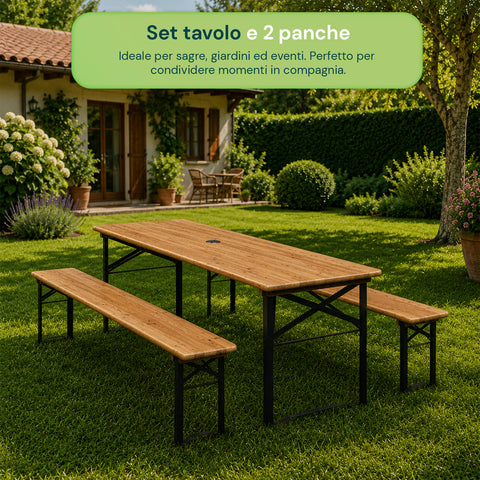 Set Tavolo e 2 Panche Pieghevoli da Giardino 120cm / 180cm in Legno con Struttura in Ferro e Foro Ombrellone 5cm – Portata Tavolo 200kg