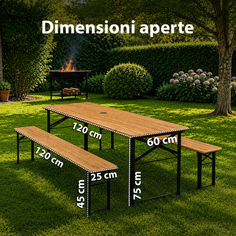 Set Tavolo e 2 Panche Pieghevoli da Giardino 120cm / 180cm in Legno con Struttura in Ferro e Foro Ombrellone 5cm – Portata Tavolo 200kg