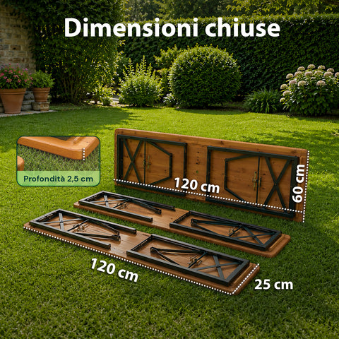 Set Tavolo e 2 Panche Pieghevoli da Giardino 120cm / 180cm in Legno con Struttura in Ferro e Foro Ombrellone 5cm – Portata Tavolo 200kg