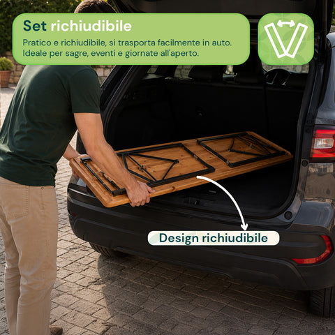 Set Tavolo e 2 Panche Pieghevoli da Giardino 120cm / 180cm in Legno con Struttura in Ferro e Foro Ombrellone 5cm – Portata Tavolo 200kg
