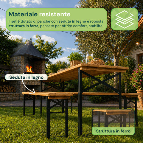 Set Tavolo e 2 Panche Pieghevoli da Giardino 120cm / 180cm in Legno con Struttura in Ferro e Foro Ombrellone 5cm – Portata Tavolo 200kg