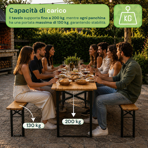 Set Tavolo e 2 Panche Pieghevoli da Giardino 120cm / 180cm in Legno con Struttura in Ferro e Foro Ombrellone 5cm – Portata Tavolo 200kg