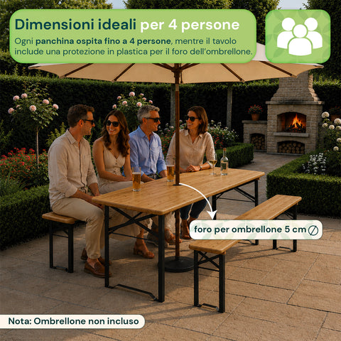 Set Tavolo e 2 Panche Pieghevoli da Giardino 120cm / 180cm in Legno con Struttura in Ferro e Foro Ombrellone 5cm – Portata Tavolo 200kg