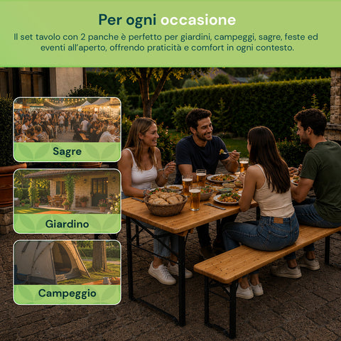 Set Tavolo e 2 Panche Pieghevoli da Giardino 120cm / 180cm in Legno con Struttura in Ferro e Foro Ombrellone 5cm – Portata Tavolo 200kg