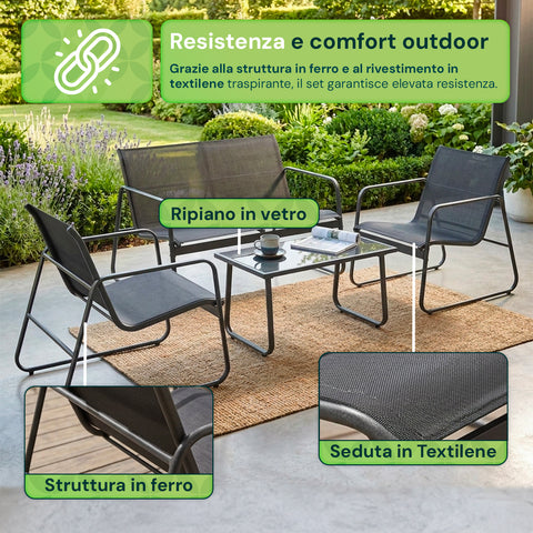 Set Lounge da Esterno 4 Pezzi – Salotto da Giardino con 2 Sedie, Divanetto e Tavolino – Struttura in Ferro e Seduta in Textilene – Portata 240kg/120kg