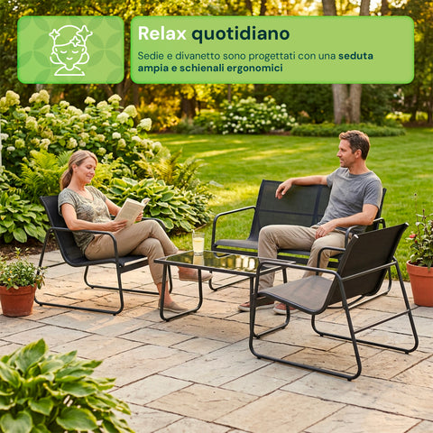 Set Lounge da Esterno 4 Pezzi – Salotto da Giardino con 2 Sedie, Divanetto e Tavolino – Struttura in Ferro e Seduta in Textilene – Portata 240kg/120kg