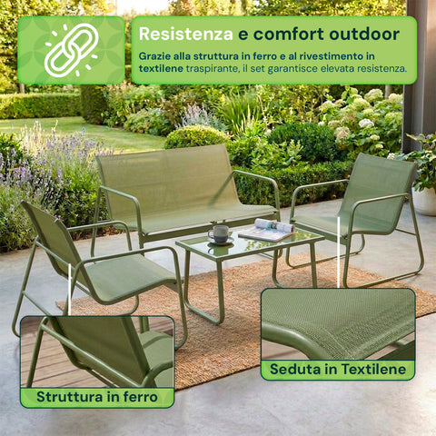Set Lounge da Esterno 4 Pezzi – Salotto da Giardino con 2 Sedie, Divanetto e Tavolino – Struttura in Ferro e Seduta in Textilene – Portata 240kg/120kg