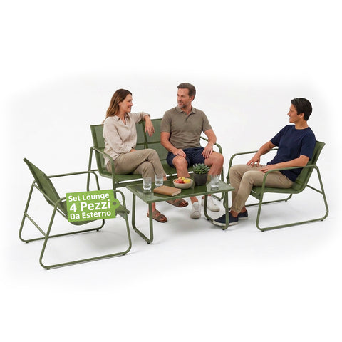 Set Lounge da Esterno 4 Pezzi – Salotto da Giardino con 2 Sedie, Divanetto e Tavolino – Struttura in Ferro e Seduta in Textilene – Portata 240kg/120kg