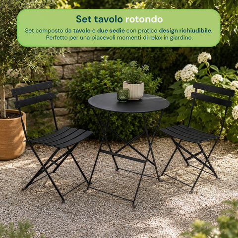 Set Tavolo e 2 Sedie Richiudibili in Ferro  da Giardino – Tavolo Rotondo ø 60cm e 2 Sedie Salvaspazio – Portata 150kg/100kg