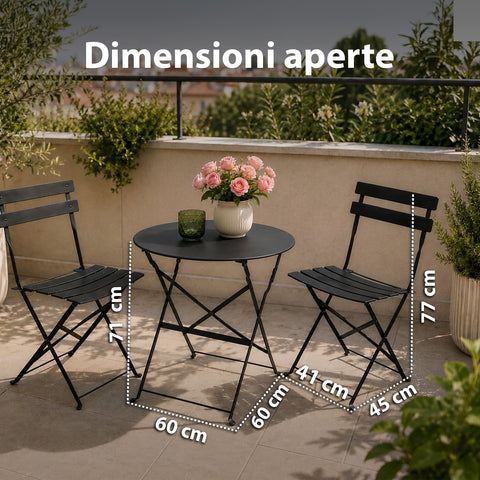 Set Tavolo e 2 Sedie Richiudibili in Ferro  da Giardino – Tavolo Rotondo ø 60cm e 2 Sedie Salvaspazio – Portata 150kg/100kg
