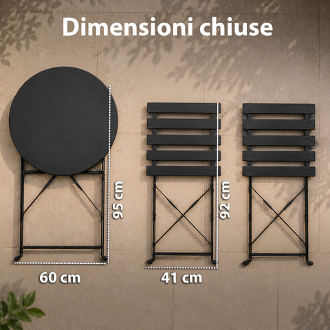 Set Tavolo e 2 Sedie Richiudibili in Ferro  da Giardino – Tavolo Rotondo ø 60cm e 2 Sedie Salvaspazio – Portata 150kg/100kg