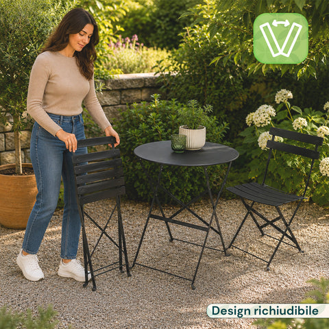 Set Tavolo e 2 Sedie Richiudibili in Ferro  da Giardino – Tavolo Rotondo ø 60cm e 2 Sedie Salvaspazio – Portata 150kg/100kg