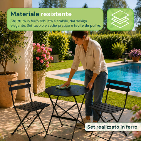 Set Tavolo e 2 Sedie Richiudibili in Ferro  da Giardino – Tavolo Rotondo ø 60cm e 2 Sedie Salvaspazio – Portata 150kg/100kg
