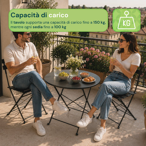 Set Tavolo e 2 Sedie Richiudibili in Ferro  da Giardino – Tavolo Rotondo ø 60cm e 2 Sedie Salvaspazio – Portata 150kg/100kg