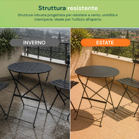 Set Tavolo e 2 Sedie Richiudibili in Ferro  da Giardino – Tavolo Rotondo ø 60cm e 2 Sedie Salvaspazio – Portata 150kg/100kg
