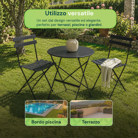 Set Tavolo e 2 Sedie Richiudibili in Ferro  da Giardino – Tavolo Rotondo ø 60cm e 2 Sedie Salvaspazio – Portata 150kg/100kg