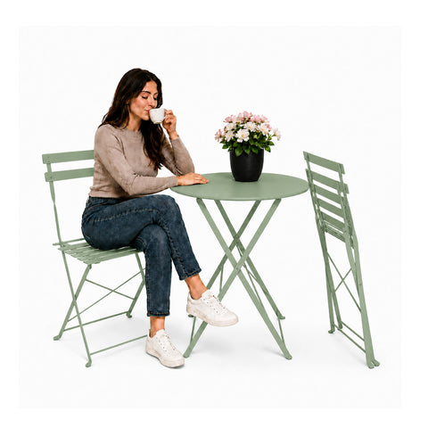 Set Tavolo e 2 Sedie Richiudibili in Ferro  da Giardino – Tavolo Rotondo ø 60cm e 2 Sedie Salvaspazio – Portata 150kg/100kg
