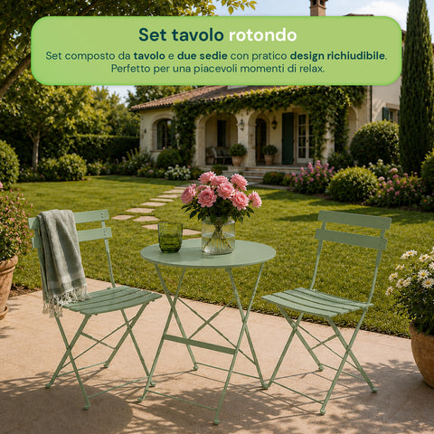 Set Tavolo e 2 Sedie Richiudibili in Ferro  da Giardino – Tavolo Rotondo ø 60cm e 2 Sedie Salvaspazio – Portata 150kg/100kg