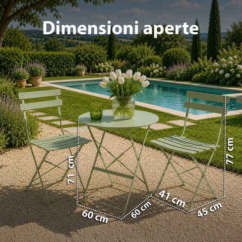 Set Tavolo e 2 Sedie Richiudibili in Ferro  da Giardino – Tavolo Rotondo ø 60cm e 2 Sedie Salvaspazio – Portata 150kg/100kg