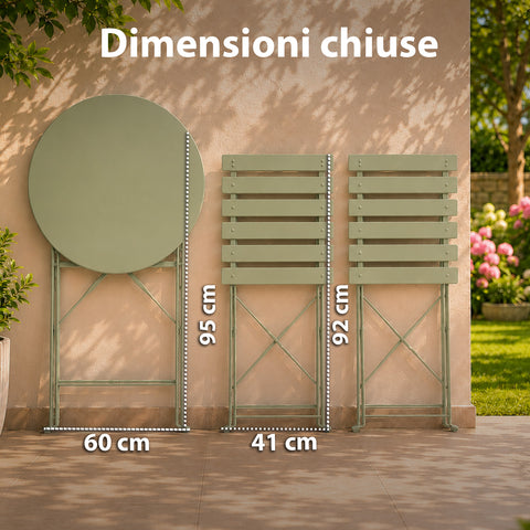 Set Tavolo e 2 Sedie Richiudibili in Ferro  da Giardino – Tavolo Rotondo ø 60cm e 2 Sedie Salvaspazio – Portata 150kg/100kg