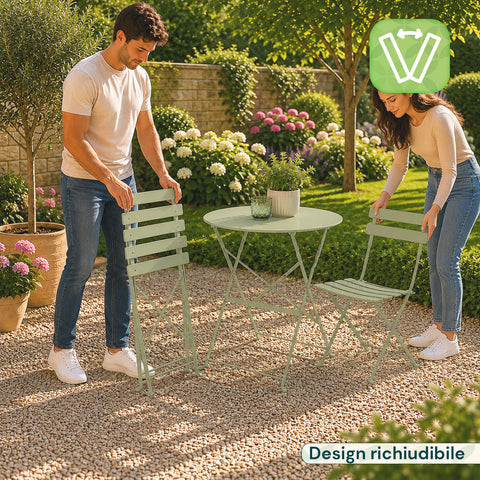Set Tavolo e 2 Sedie Richiudibili in Ferro  da Giardino – Tavolo Rotondo ø 60cm e 2 Sedie Salvaspazio – Portata 150kg/100kg