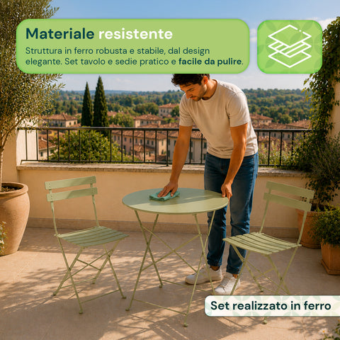 Set Tavolo e 2 Sedie Richiudibili in Ferro  da Giardino – Tavolo Rotondo ø 60cm e 2 Sedie Salvaspazio – Portata 150kg/100kg