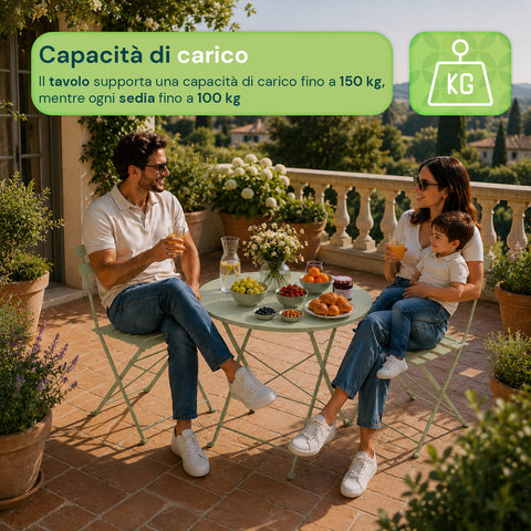 Set Tavolo e 2 Sedie Richiudibili in Ferro  da Giardino – Tavolo Rotondo ø 60cm e 2 Sedie Salvaspazio – Portata 150kg/100kg