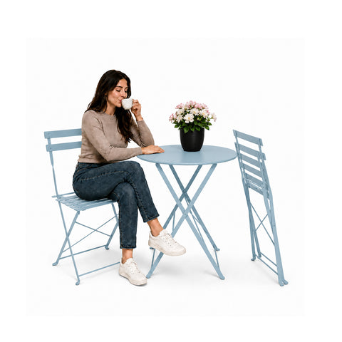 Set Tavolo e 2 Sedie Richiudibili in Ferro  da Giardino – Tavolo Rotondo ø 60cm e 2 Sedie Salvaspazio – Portata 150kg/100kg