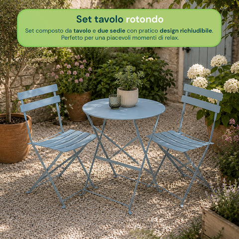 Set Tavolo e 2 Sedie Richiudibili in Ferro  da Giardino – Tavolo Rotondo ø 60cm e 2 Sedie Salvaspazio – Portata 150kg/100kg