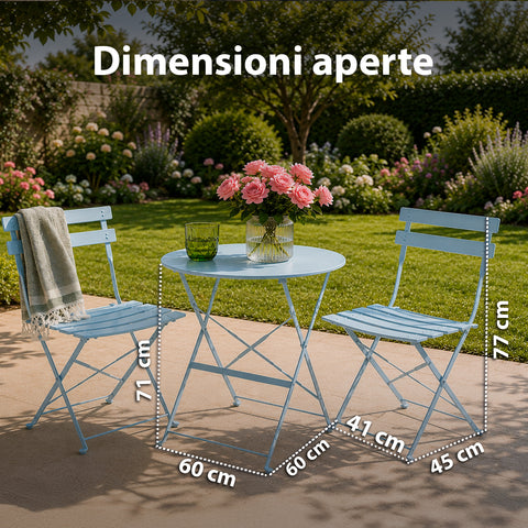 Set Tavolo e 2 Sedie Richiudibili in Ferro  da Giardino – Tavolo Rotondo ø 60cm e 2 Sedie Salvaspazio – Portata 150kg/100kg