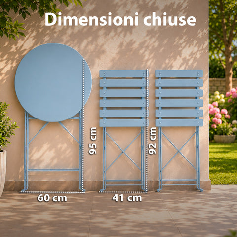 Set Tavolo e 2 Sedie Richiudibili in Ferro  da Giardino – Tavolo Rotondo ø 60cm e 2 Sedie Salvaspazio – Portata 150kg/100kg