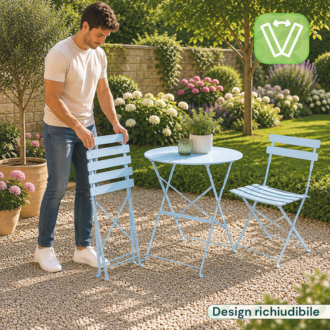 Set Tavolo e 2 Sedie Richiudibili in Ferro  da Giardino – Tavolo Rotondo ø 60cm e 2 Sedie Salvaspazio – Portata 150kg/100kg